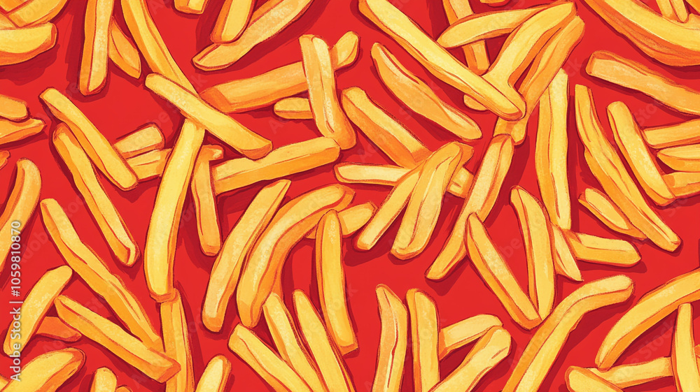 Obraz premium Golden crispy French fries scattered on a vibrant red background, inviting a delicious snack