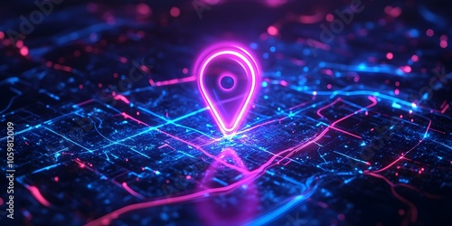 Dynamic Geospatial Map with Location Intelligence. Glowing Neon Map Pin technology Background
