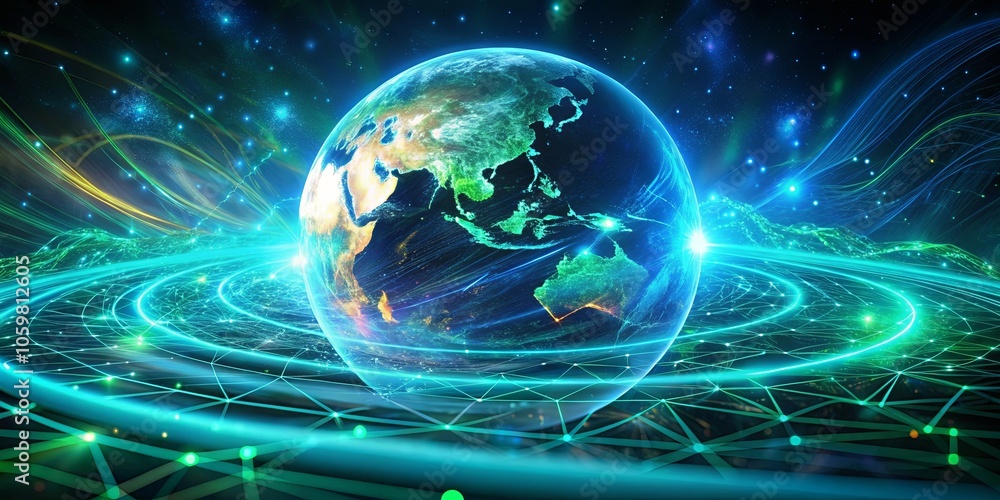 Obraz premium A luminous orb of the planet encircled by glowing trails and interconnected networks against a backdrop of twinkling stars.