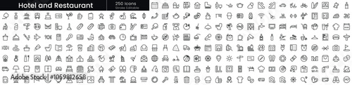A collection of 250 monochrome icons representing various hotel and restaurant services, showcasing diverse elements in a minimalist style.