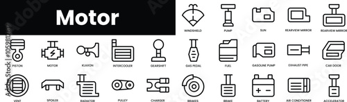 Set of outline motor icons. Minimalist thin linear web icon set. vector illustration.