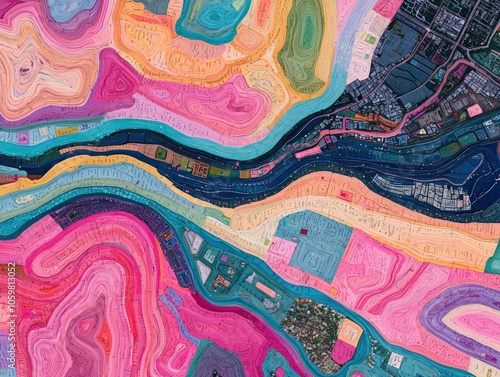 Vibrant Abstract Topographical Art Exploring Layers of Color and Texture in Nature's Beauty