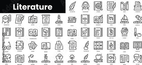 Set of outline literature icons. Minimalist thin linear web icon set. vector illustration.