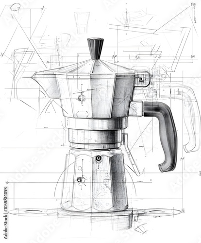 Blueprint of a Bialetti mokka in single parts on white background in black and white photo