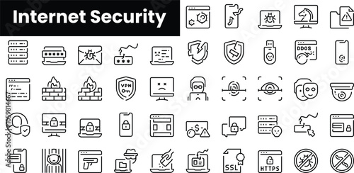 Set of outline internet security icons. Minimalist thin linear web icon set. vector illustration.