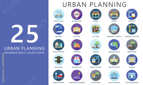 Urban planning gradient outline icons set. contain building, garden, bridge, office, residential, transport and more. Vector EPS 10 for UI or UX kit, web and app, construction, environment, industry.