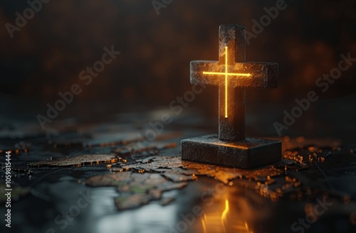 Glowing Cross of Jesus Christ with World Map, Global Missions, Gospel, Evangelism, Christianity Light Source Concept photo