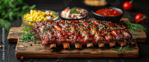 Grilled Barbecue Ribs with Coleslaw and Corn, Rustic Summer Party Food photo