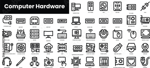 Set of outline computer hardware icons. Minimalist thin linear web icon set. vector illustration.