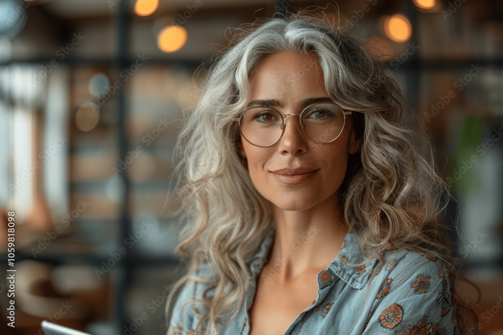 Elegant middle-aged business woman with curly gray hair wearing glasses holding tablet and smiling in modern office Elegant middle-aged business woman with curly gray hair wearing glasses holding tablet and smiling in modern office