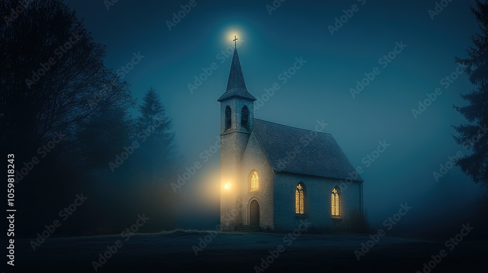 Fototapeta premium A mysterious old church illuminated by soft moonlight, surrounded by dense fog on a dark, eerie night.