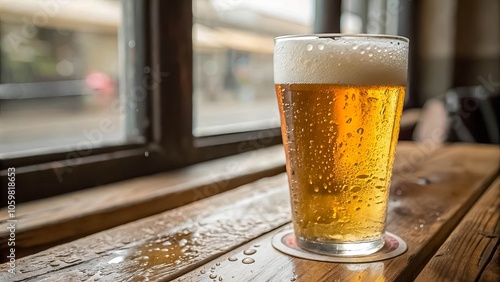 A glass of refreshing golden beverage, condensation clinging to its sides, sits on a wooden table, droplets scattered around it like spilled rain, inviting a moment of respite. photo