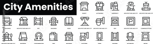 Set of outline city amenities icons. Minimalist thin linear web icon set. vector illustration.