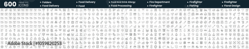 Set of 600 thin line icons. In this bundle include fire department, fishing, folders, food and more