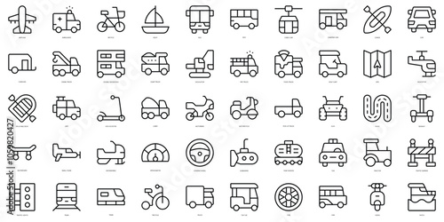 Set of thin line vehicles and transports Icons. Vector illustration
