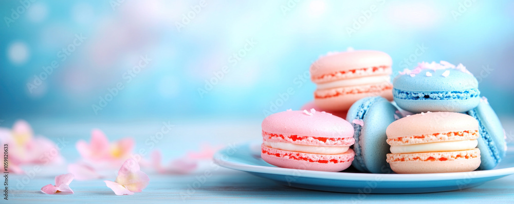 Fototapeta premium A plate of colorful macarons is placed on a blue background. The macarons are arranged in a visually appealing manner, with each one having a different color. The plate is placed on a wooden surface