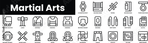 Set of outline martial arts icons. Minimalist thin linear web icon set. vector illustration.