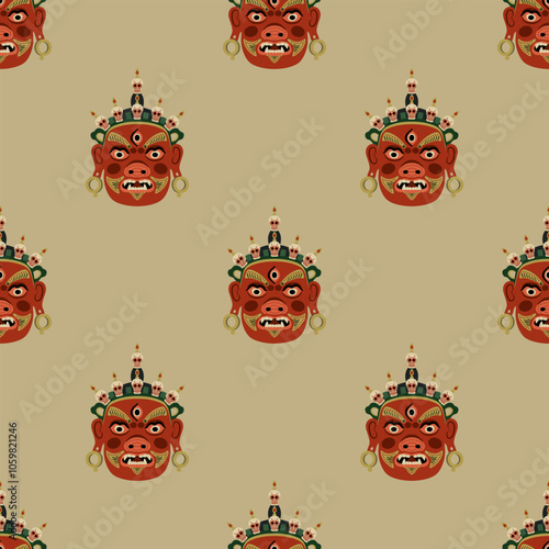 Seamless ethnic pattern with Tibetan Buddhist masks. Guardian deity Jamsaran or Begtse wearing crown of human skulls. Cham performance character.