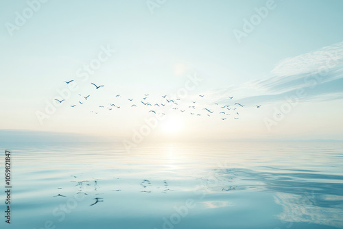 Seagulls soaring in clear blue sky, wings outstretched against vibrant noon sun, creating a graceful symphony of flight as they glide effortlessly. photo