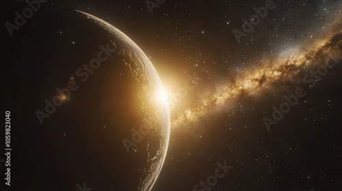 A planet bathed in the golden light of a distant star, with the Milky Way galaxy stretching across the background.