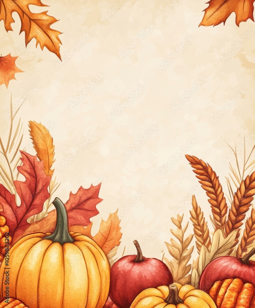 Fototapeta premium Thanksgiving background featuring pumpkins, autumn leaves, warm colors, perfect for seasonal celebrations.