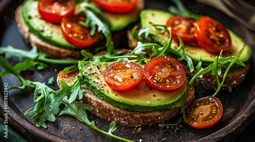 Avocado Toast with Cherry Tomatoes and Arugula Topping photo