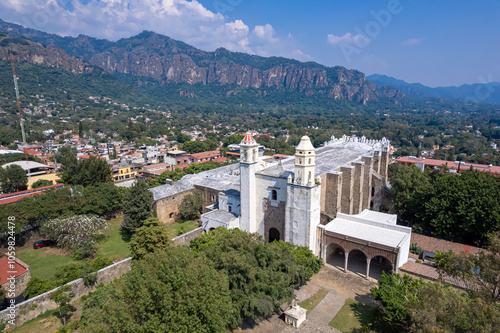 Aerial Drone View of Tepozteco Mountain and Exconvento de la Natividad, Morelos, Mexico photo