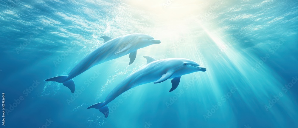 Naklejka premium Two dolphins are swimming in the ocean, with the sun shining on them. The scene is calm and tranquil, with the dolphins gracefully gliding through the water. The sunlight creates a beautiful