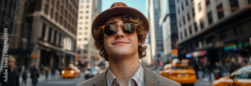 A young man stands confidently on a bustling city street, wearing stylish sunglasses and a hat. The vibrant ambiance of the urban environment is filled with traffic and towering buildings under a clea photo