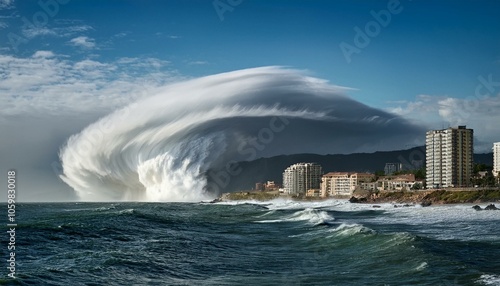 Hurricane storm is closing into the coastal town; strong hurricane season upon the coastal area; weather photography; strong waves and atmospheric phenomenon; ripcurl and tsunami 