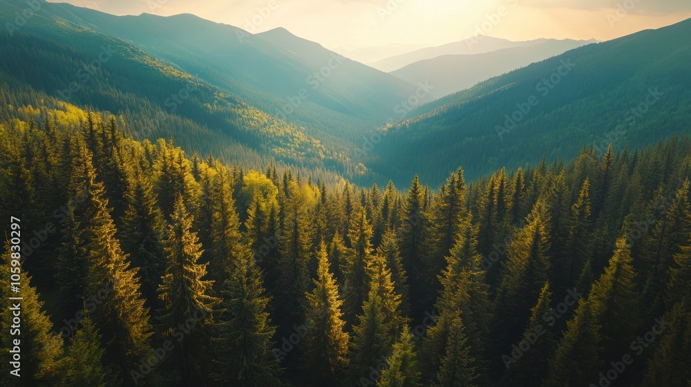 Obraz premium Aerial View of a Mountain Forest at Sunset