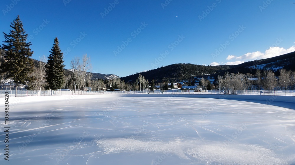 Obraz premium Professional Ice Hockey Rink with Clear Markings and Goal Posts – This expansive ice hockey field features a smooth, glossy surface, marked with bright lines and zones for regulation play. 