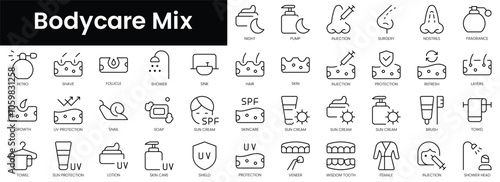 Set of outline bodycare mix icons. Minimalist thin linear web icon set. vector illustration.