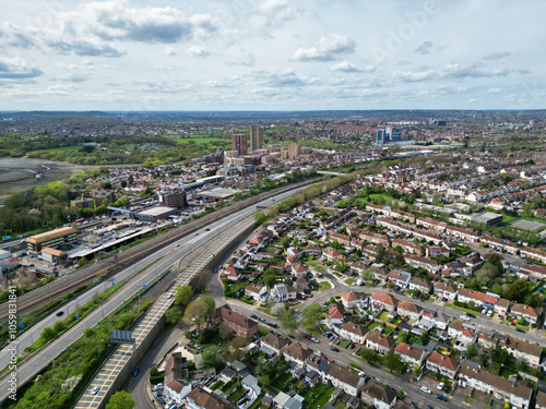 Cuadro en lienzo Aerial View of Brent Cross West Hendon London City of England United Kingdom, High Angle Drone's Camera Footage Was Captured on April 12th, 2024 from Medium High Altitude
