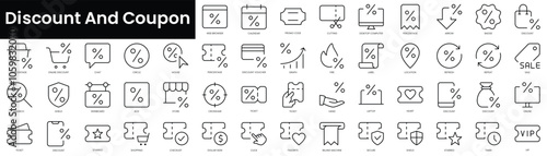 Set of outline discount and coupon icons. Minimalist thin linear web icon set. vector illustration.