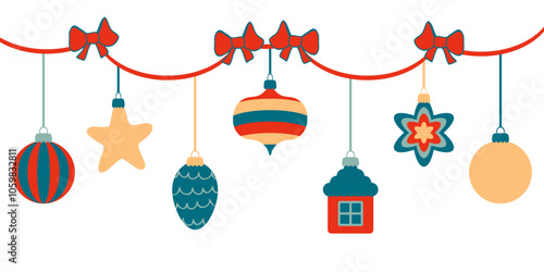 Retro style Christmas garland with ornaments and bows. Perfect for tee, banner, flyer, label, postcard, sale. Hand drawn isolated vector illustration.