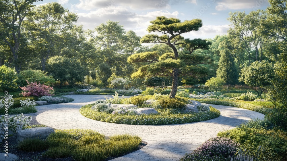 Fototapeta premium Serene Garden Pathway with Lush Greenery and Rocks