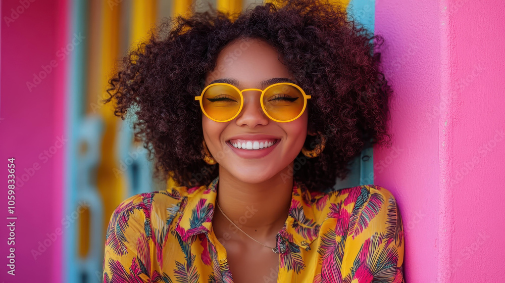 Bright and cheerful woman sporting yellow glasses celebrates at a vibrant LGBTQ pride festival, capturing joy in daylight. Bright and cheerful woman sporting yellow glasses celebrates at a vibrant LGBTQ pride festival, capturing joy in daylight.