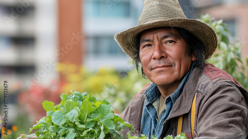 A dedicated Native American man nurtures a vibrant rooftop garden, showcasing sustainable practices and cultural roots in the urban landscape. photo