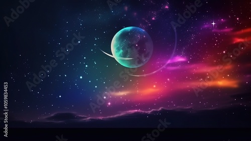 Vibrant Cosmic Scene with Planet and Colorful Nebula