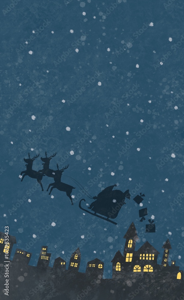 Fototapeta premium 切り絵風のサンタクロースと街のシルエットと雪の降る夜空のクリスマスイラスト