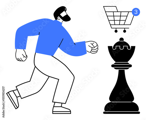 Man moving towards large chess piece and shopping cart icon with 3 notifications. Ideal for strategy, online shopping, notifications, decision making, business planning, ecommerce, marketing. Line