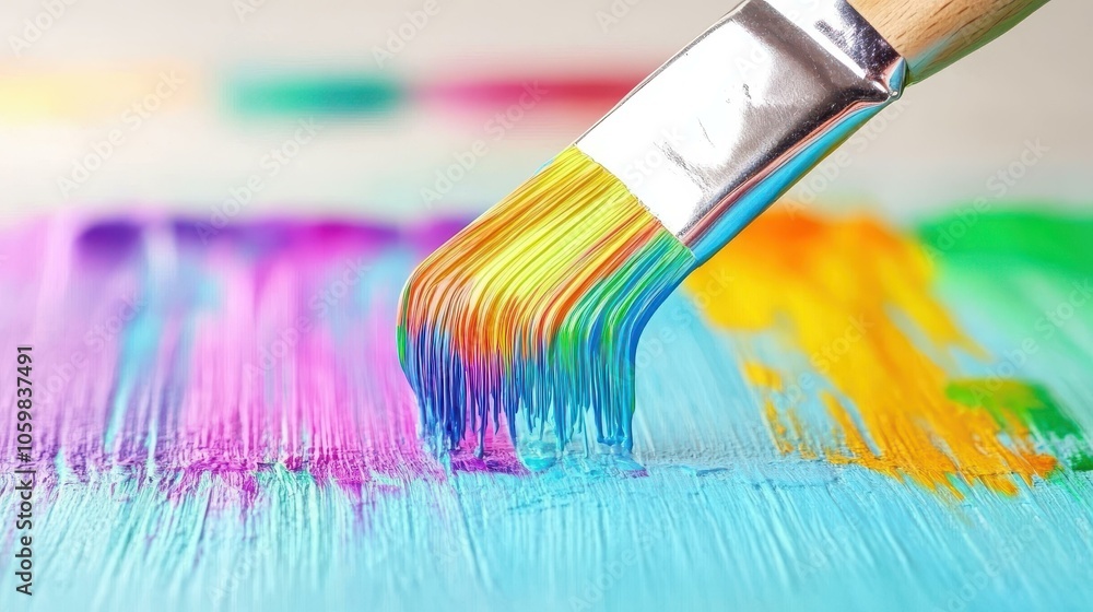 Fototapeta premium A closeup of a brush touching the canvas, capturing the vibrant colors in soft focus for a dreamy art feel.