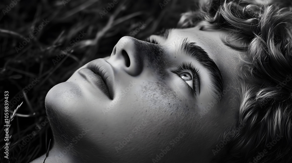 Naklejka premium A young boy with curly hair lies on the grass, looking thoughtfully upward. The sunlight illuminates his face, creating a serene atmosphere as he enjoys a moment of reflection in nature.