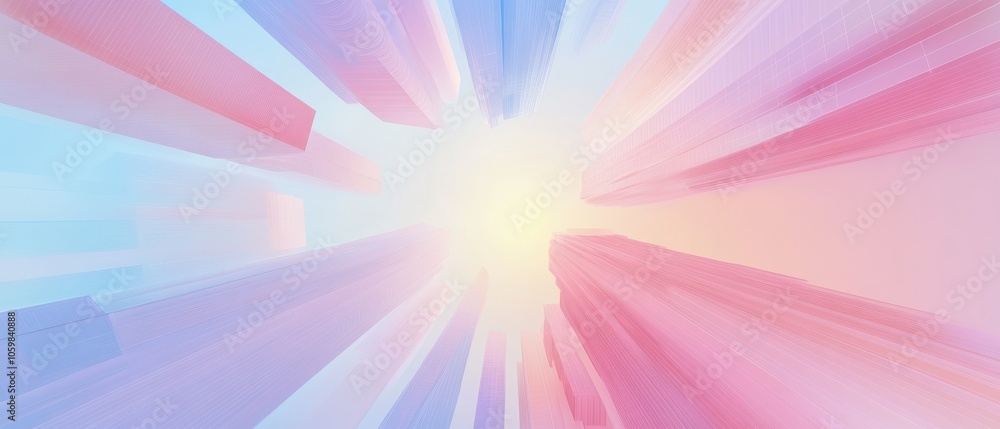 Obraz premium A colorful cityscape with pink and blue buildings. The sky is a light blue color. The buildings are tall and the sky is clear