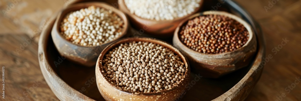 Fototapeta premium The bowl is filled with various sizes and shapes of buckwheat seeds ranging from small pellets to larger teardrop shapes.