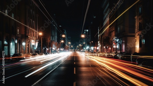 Night Scene with Light Trails on Busy City Street