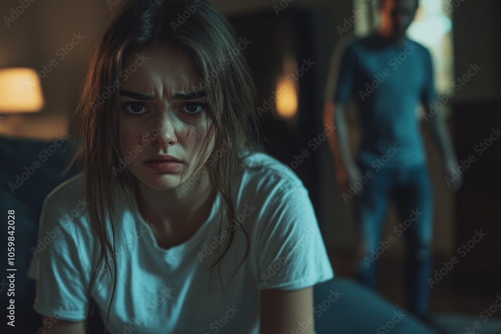 A young woman with bruises sits in a modern living room while a menacing man stands behind her, illustrating the reality of domestic violence A young woman with bruises sits in a modern living room while a menacing man stands behind her, illustrating the reality of domestic violence