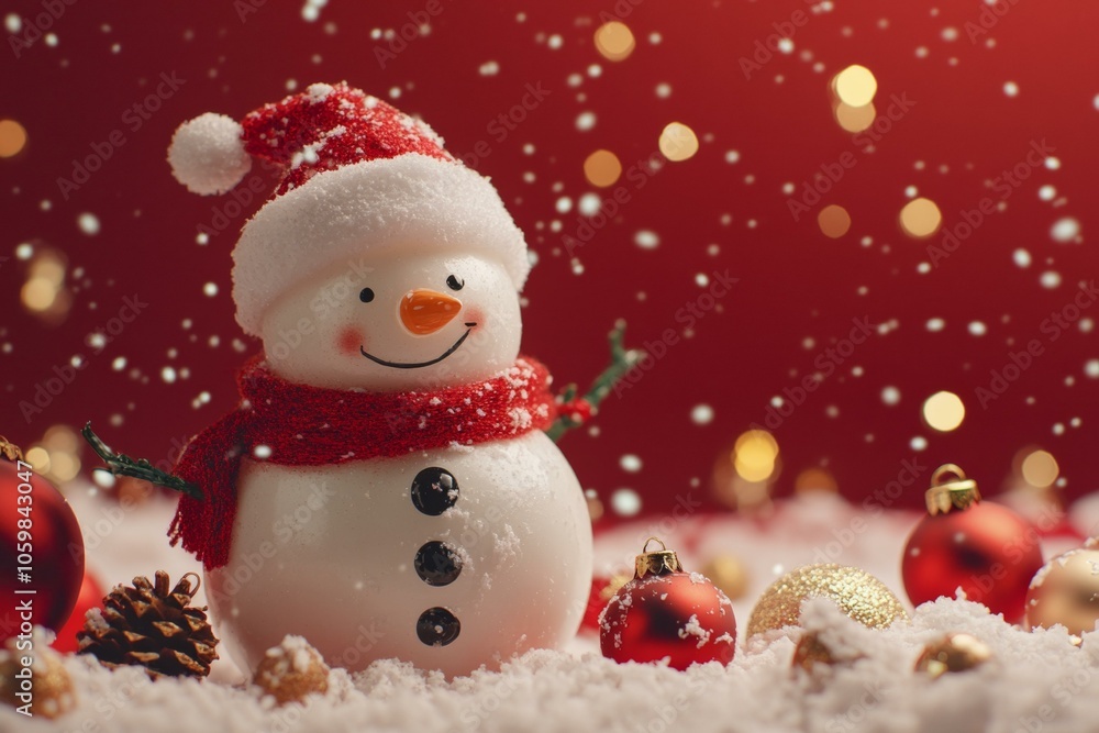 Fototapeta premium Snowman wearing red scarf, red hat, standing in snowy landscape, surrounded by snow-covered trees, winter scene.