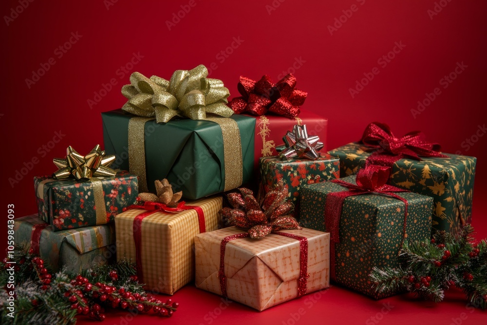 Obraz premium Colorful pile of wrapped gifts with ribbons, ready for celebration, on white background. Holiday cheer.
